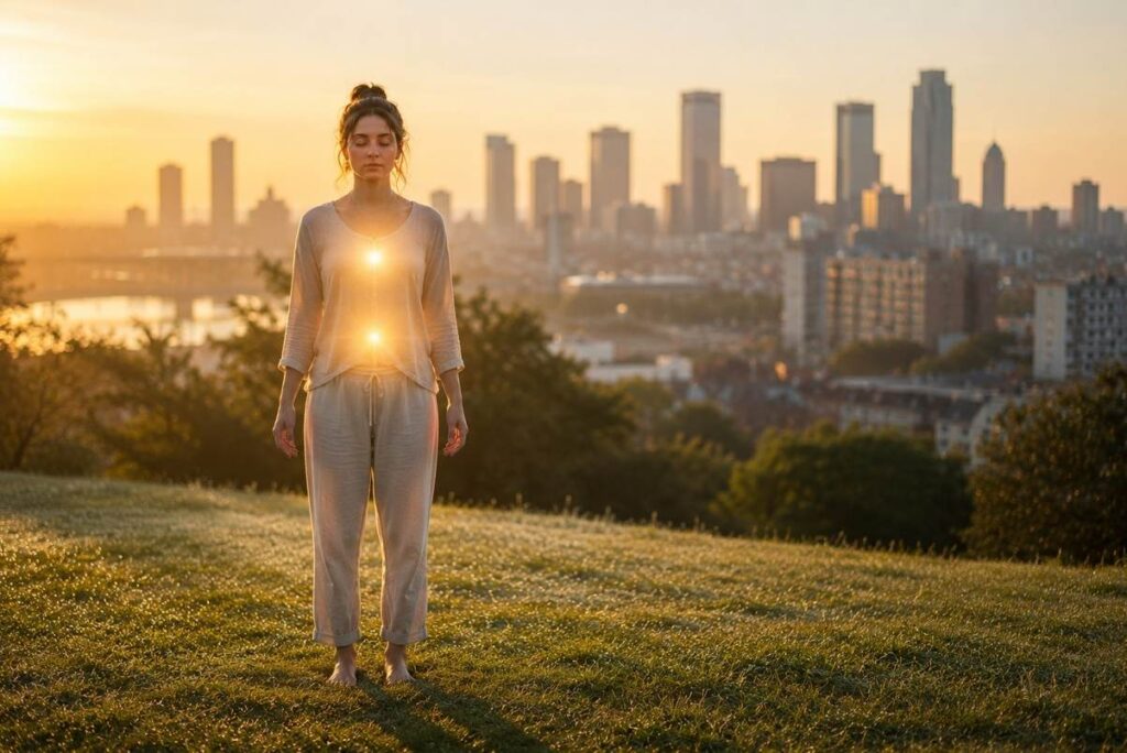 A barefoot figure standing on grass in morning light, symbolising embodied Neo Gnostic practice and grounded attention.