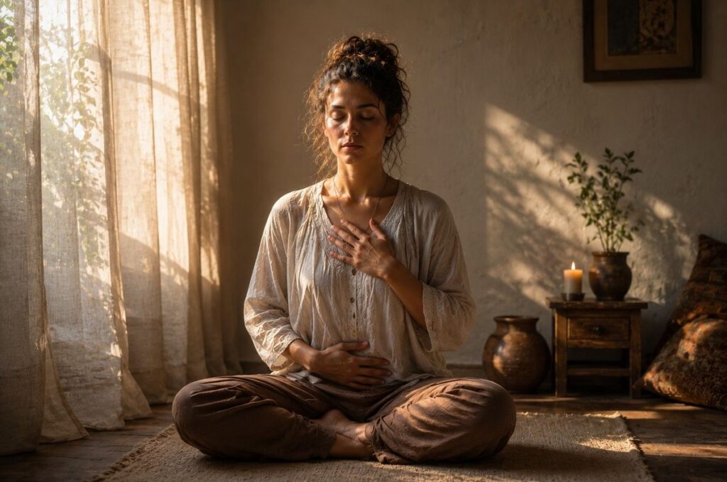A person in a simple room with morning light practicing breath awareness with hands on heart and belly.