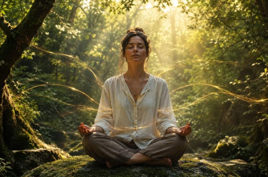 Contemplative figure seated in a forest clearing with golden morning light filtering through leaves.