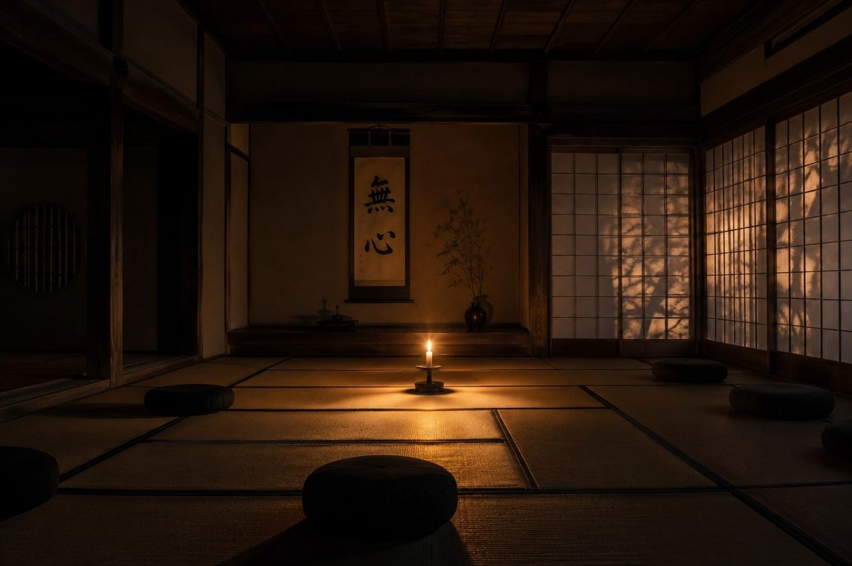 An empty Zen meditation hall with a single candle casting long shadows across tatami mats