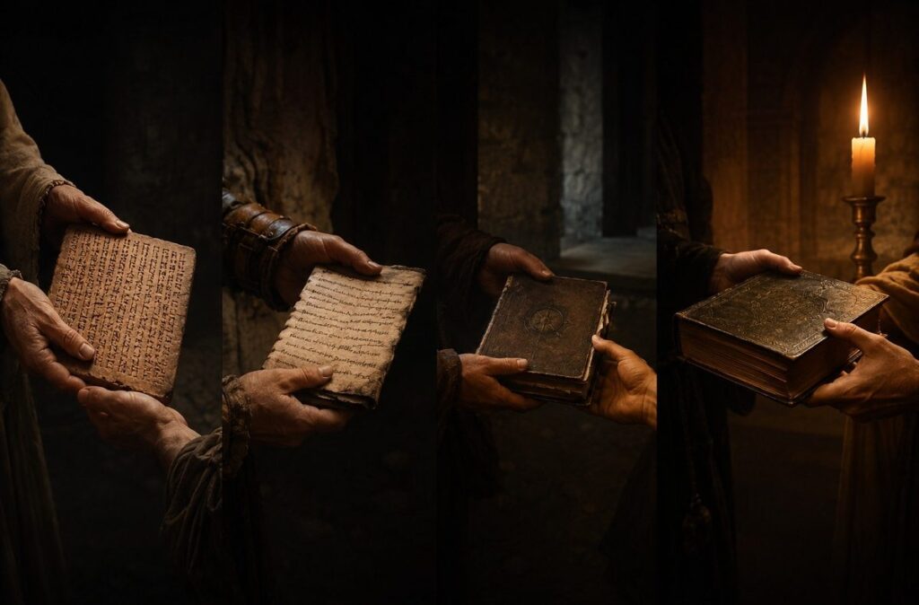 Chain of esoteric manuscripts passed through candlelit hands across centuries
