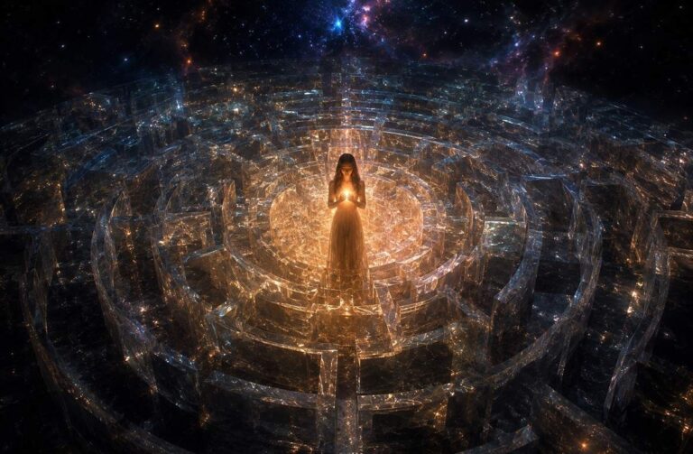A solitary figure stands at the centre of a luminous labyrinth with the exit path leading inward toward their own heart, representing the inward journey of liberation.