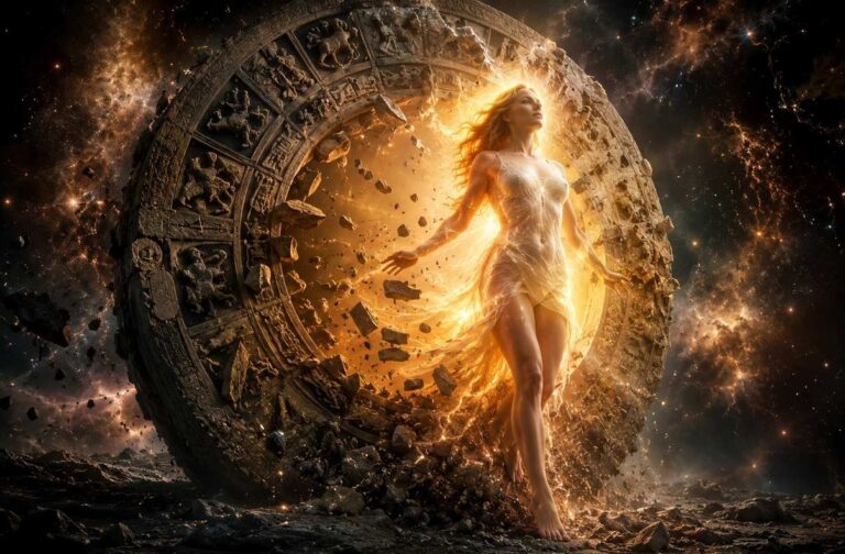 A luminous figure stepping out of a breaking cosmic wheel into golden light