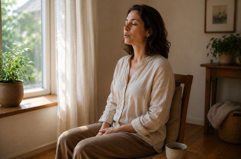 A person sitting beside a window, exhaling slowly with relaxed shoulders and soft morning light on the face.