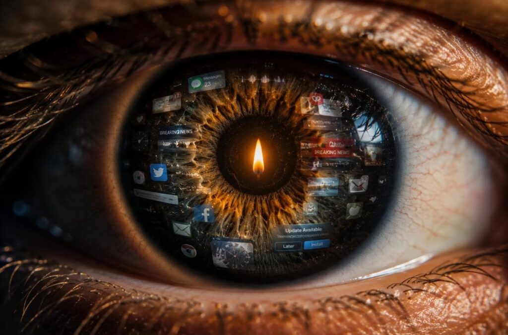 Human eye reflecting fragmented digital interface with steady flame in the centre of the iris