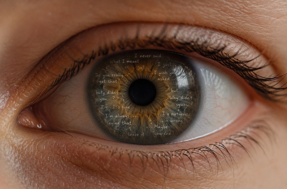 A close-up of a human eye with faint conversation fragments reflected in the iris and a clear still centre, symbolising recognition of the unsaid