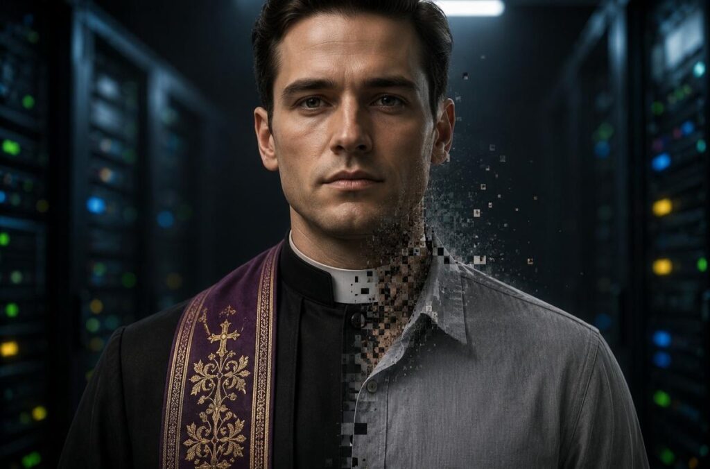 An animated AI avatar in priestly vestments with the collar being digitally erased pixel by pixel, leaving a plain shirt underneath