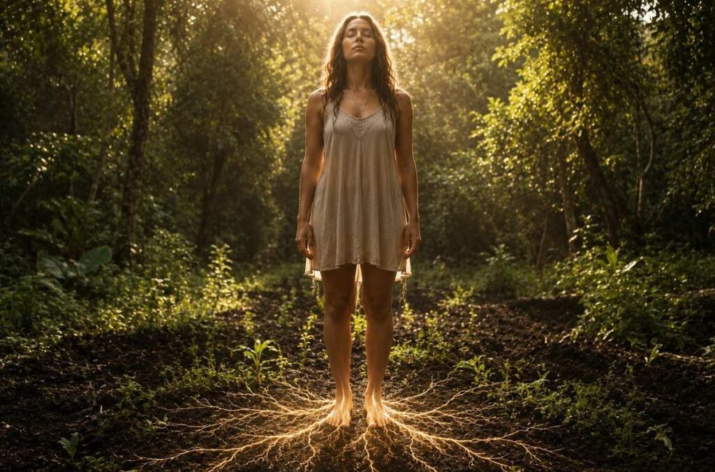 Figure standing barefoot on earth with roots growing from feet representing grounding