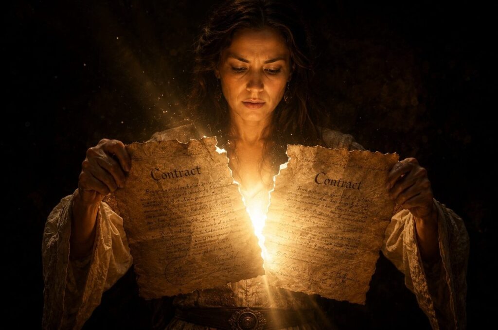 Figure tearing a parchment contract with light streaming through the tear