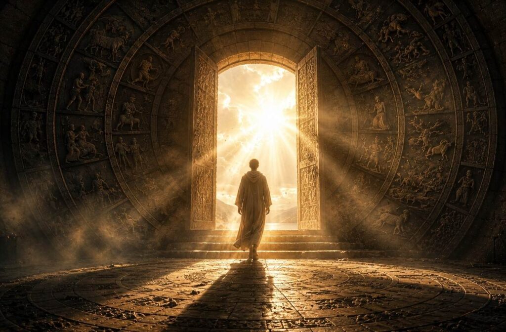 A solitary figure standing at an open doorway with light streaming through, stepping out of a circular wheel shadow