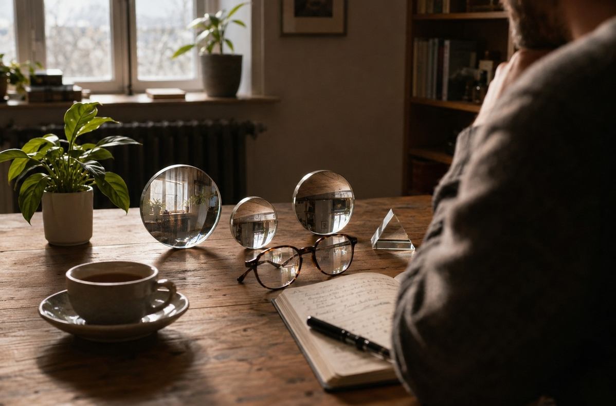 A person sitting in warm morning light with several glass lenses on a table distorting the same room in different ways, symbolising the nervous system rendering reality