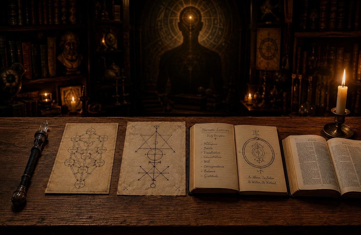 Five esoteric objects on a study table symbolising the movement from ceremonial magic to the subconscious mind