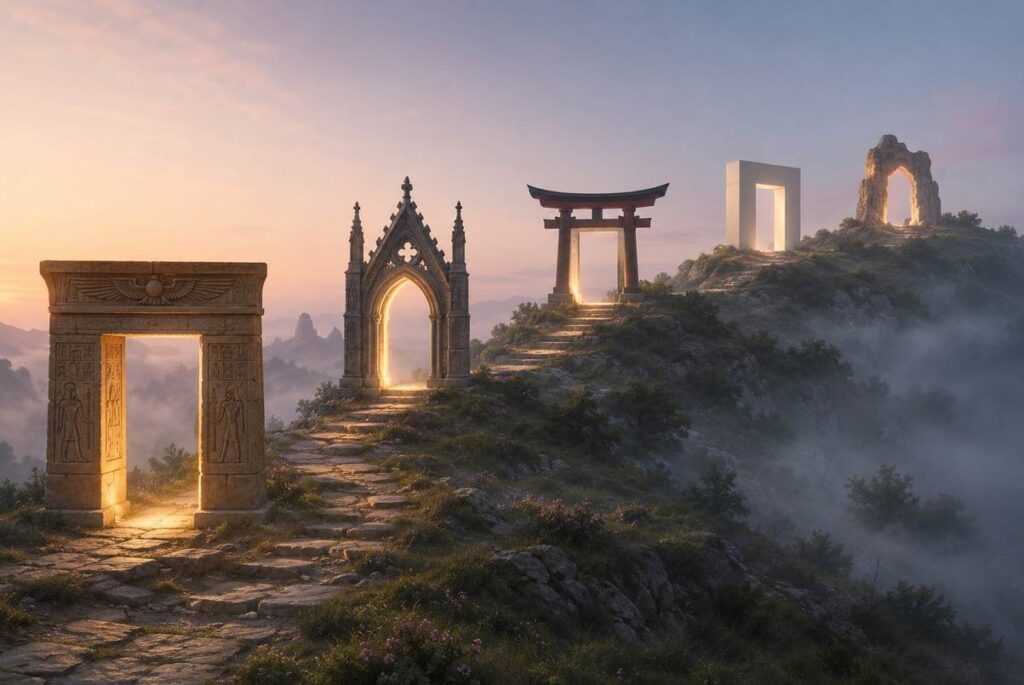 Five luminous archways or gateways arranged in a spiral ascending path through a misty cosmic landscape with subtle starlight
