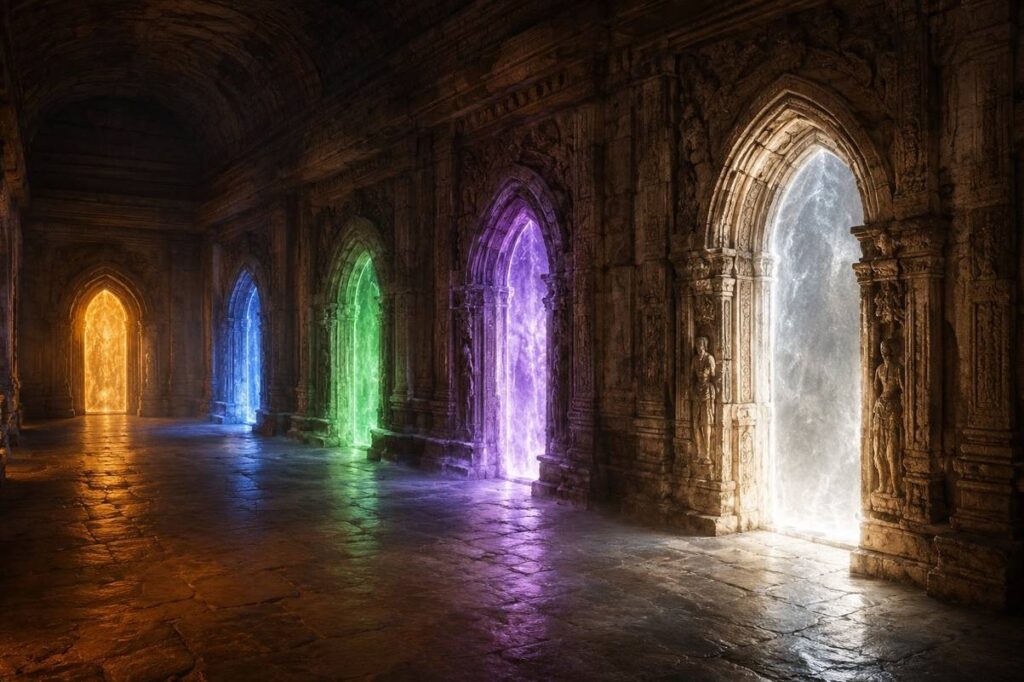 Five illuminated gateways in an ancient stone corridor representing the Five Gateways curriculum