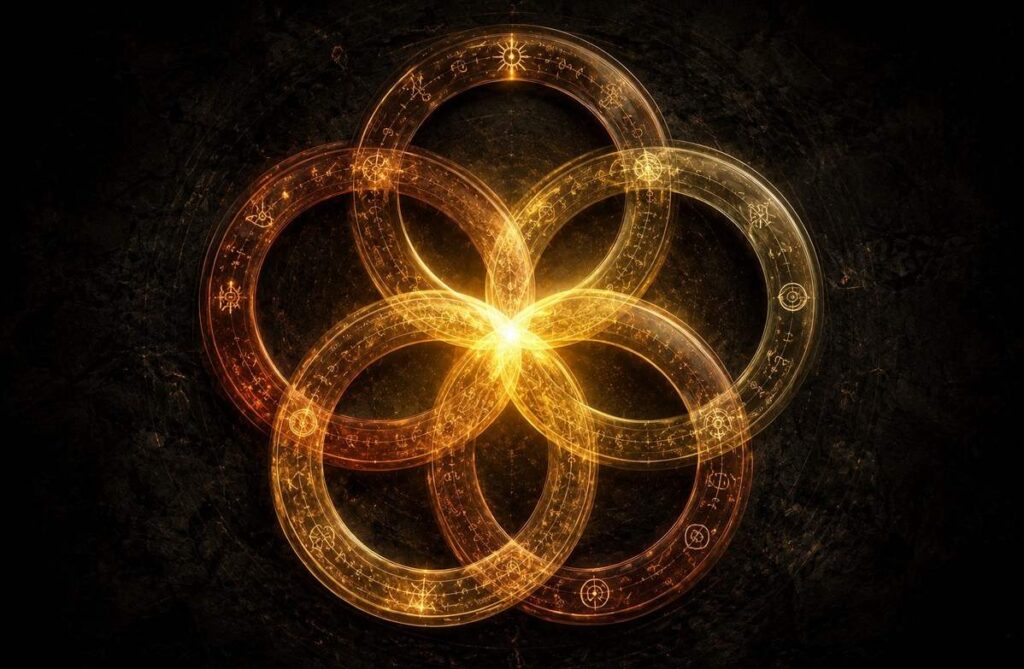 Five translucent interlocking circles in warm amber light representing the Five Gateways of breath, sensation, sound, vision, and movement.