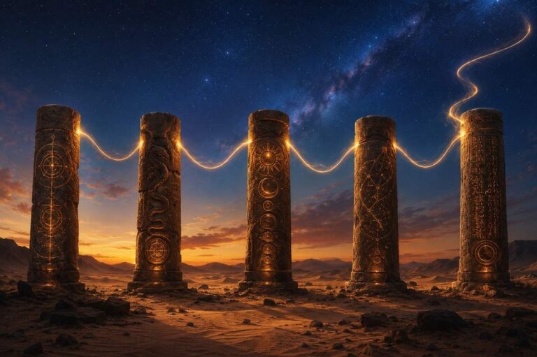 Five ancient stone pillars rising from desert sand into twilight sky with golden thread weaving between them