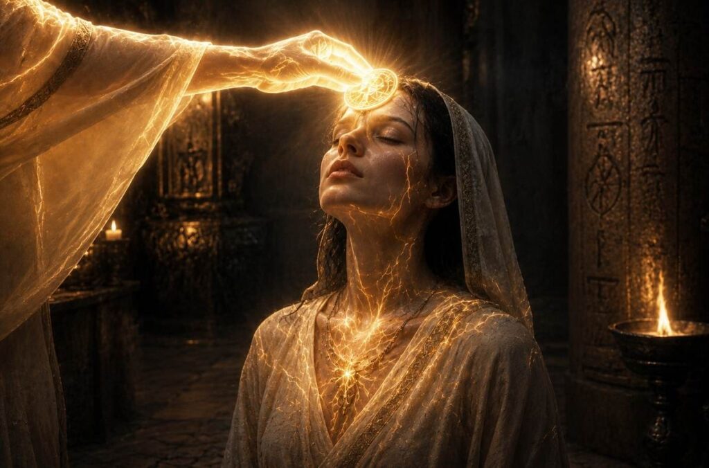 A robed initiate receiving the fifth seal with luminous light from their forehead