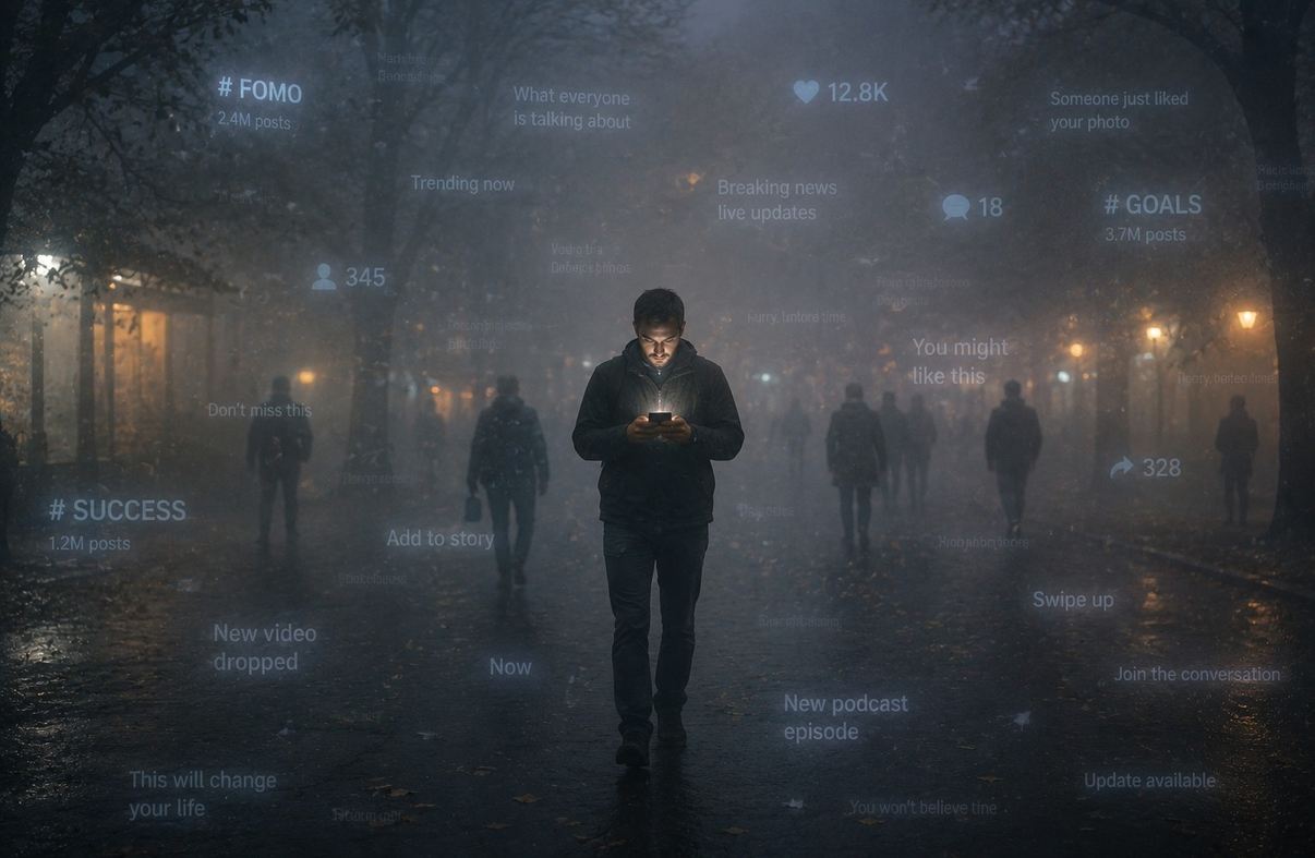 A person walking through dense fog made of glowing text and notification icons, barely able to see the real world, looking down at their phone