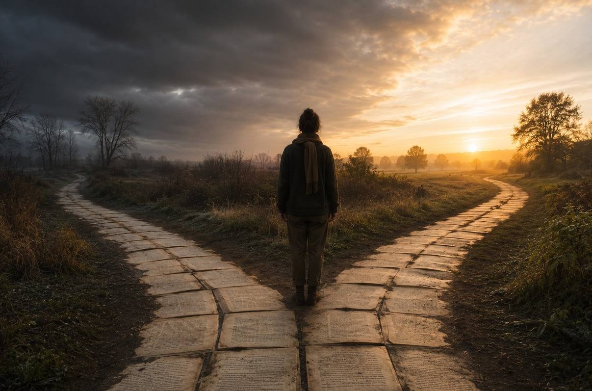 A person standing at a fork in a path made of open pages, one path darker and one path opening into soft dawn light