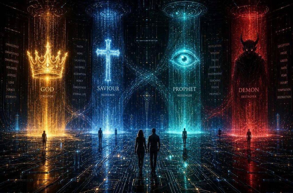 Four holographic pillars rising from a circuit board floor, each representing AI as God, Saviour, Prophet, and Demon, with human silhouettes walking between them.