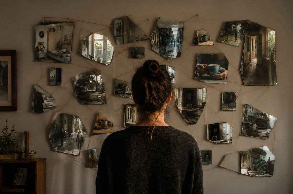 A person standing before fragmented mirrors showing different life scenes connected by a single thread