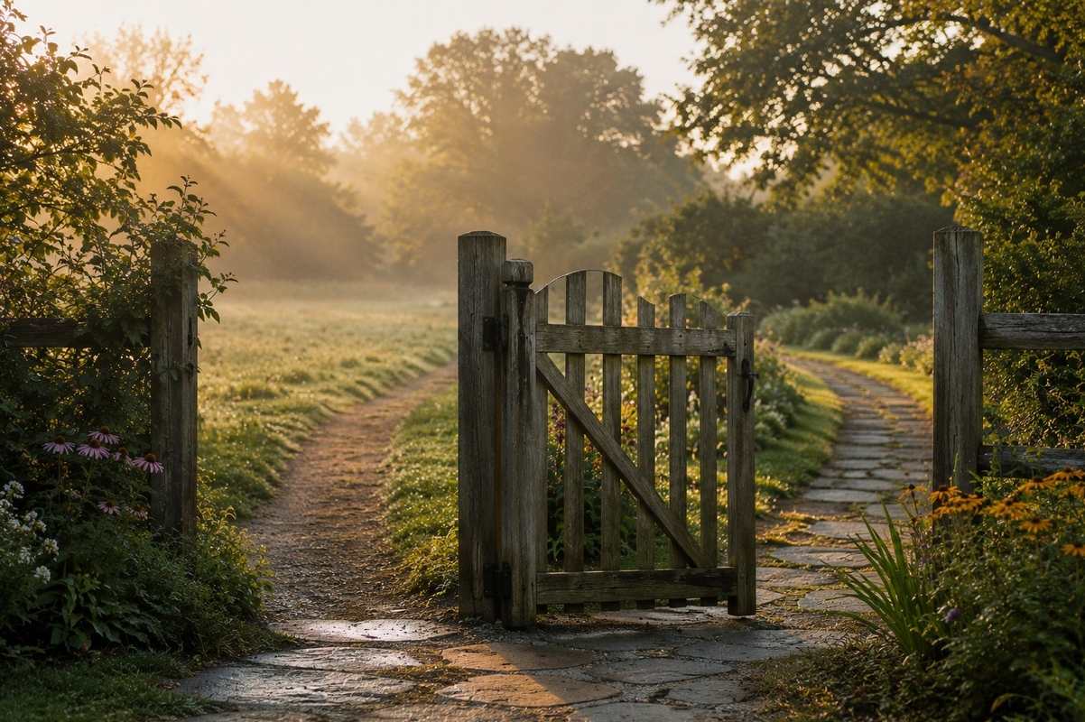 A wooden garden gate standing half open between two quiet paths with morning dew on grass