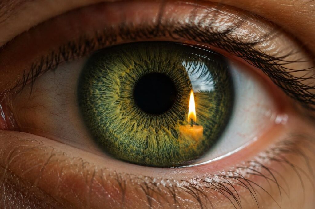 Close-up of a human eye reflecting a single candle flame in darkness, symbolising direct inward illumination and gnosis.