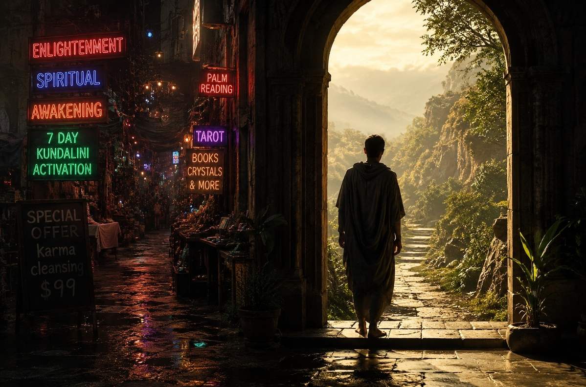 A contemplative figure at a threshold, turning away from a neon spiritual marketplace toward a quiet inner landscape of golden light