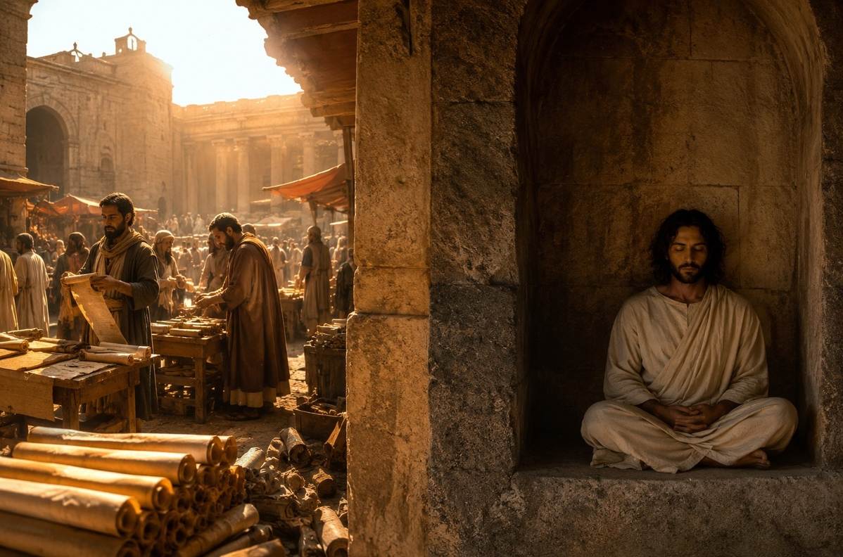 An ancient marketplace with scrolls contrasted with a solitary figure meditating in a quiet stone alcove