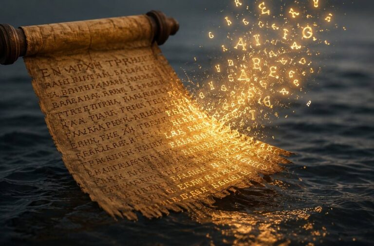 Ancient papyrus scroll unfurling above dark water with golden Greek letters dissolving into living light.