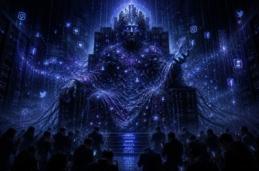 A shadowy digital entity composed of data streams and social media icons wearing a circuit board crown, seated on a server rack throne with human silhouettes praying before it.