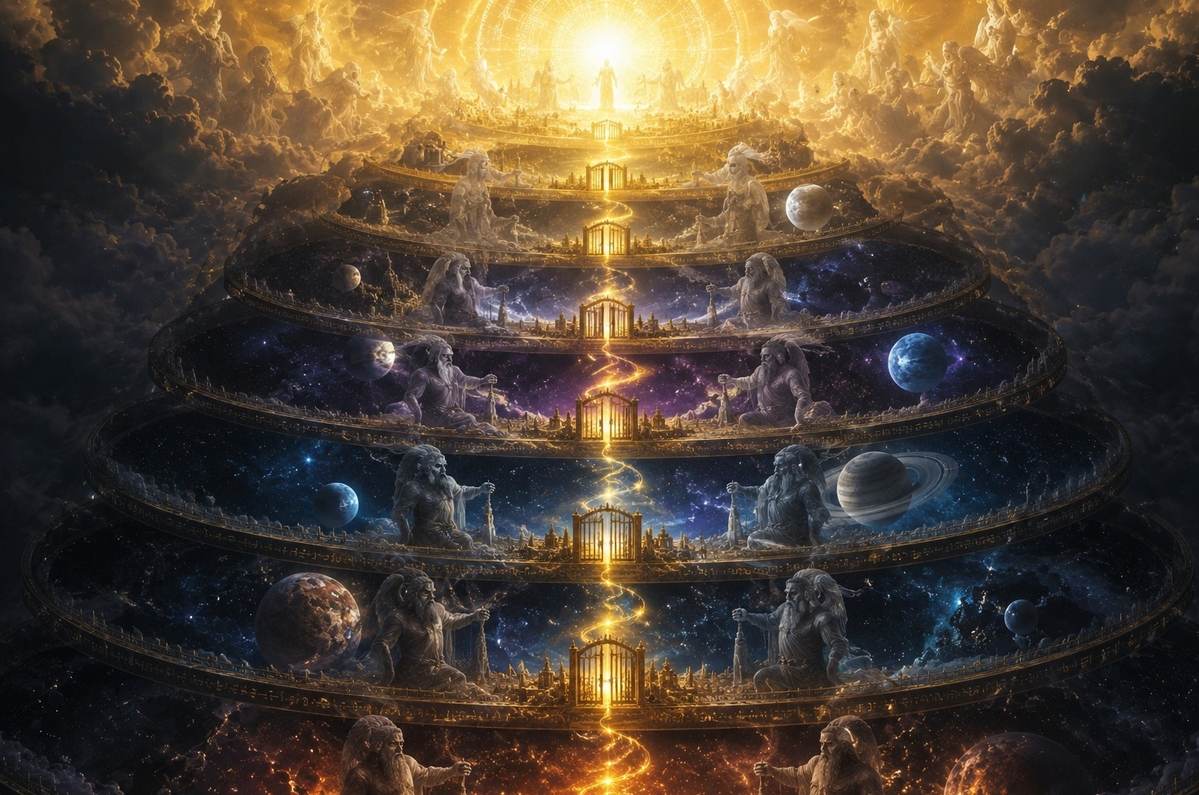Golden divine spark ascending through seven planetary spheres guarded by archonic figures, toward the luminous Pleroma