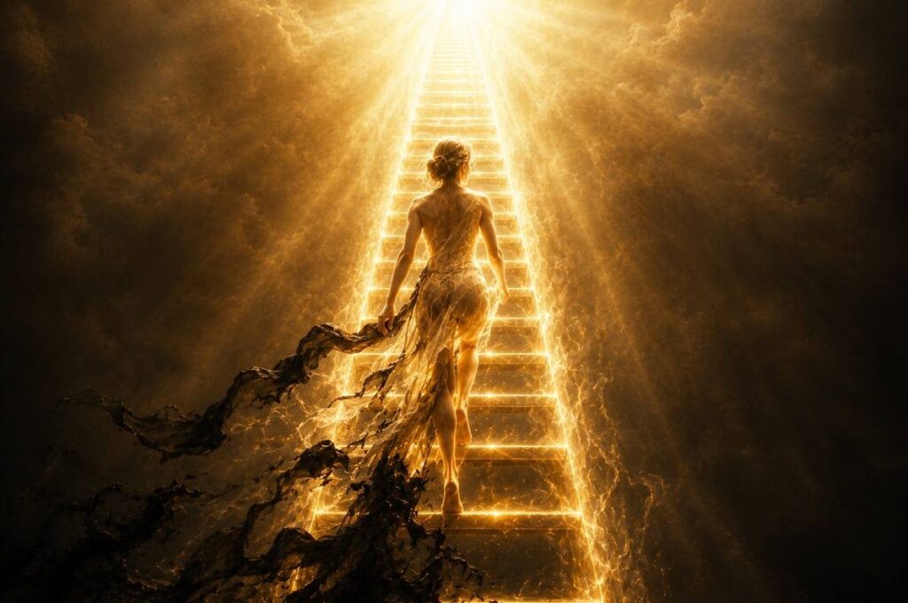 A luminous ladder ascending from darkness into golden light with a climbing figure