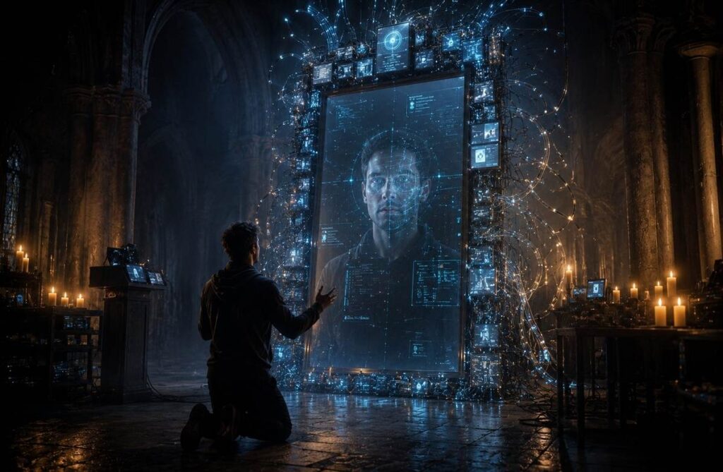 A human figure kneeling before a large mirror made of circuit boards and glowing screens, reflecting their own face back as an AI interface.