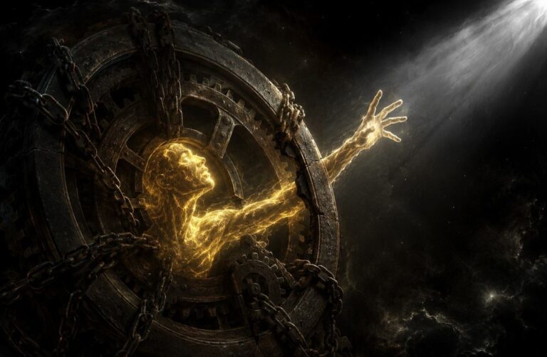 A human figure made of golden light trapped inside a mechanical wheel reaching toward light