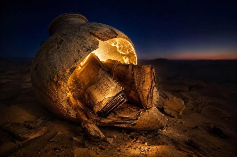Ancient cracked clay jar in desert sand at twilight, weathered papyrus codices spilling out with golden light emanating from within, illuminating the darkness.