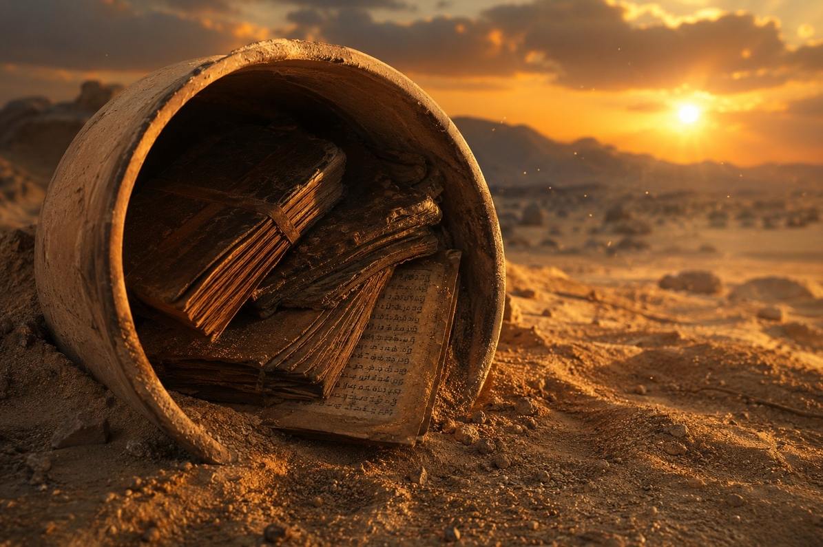 Ancient leather-bound codices in a clay jar half-buried in desert sand at twilight