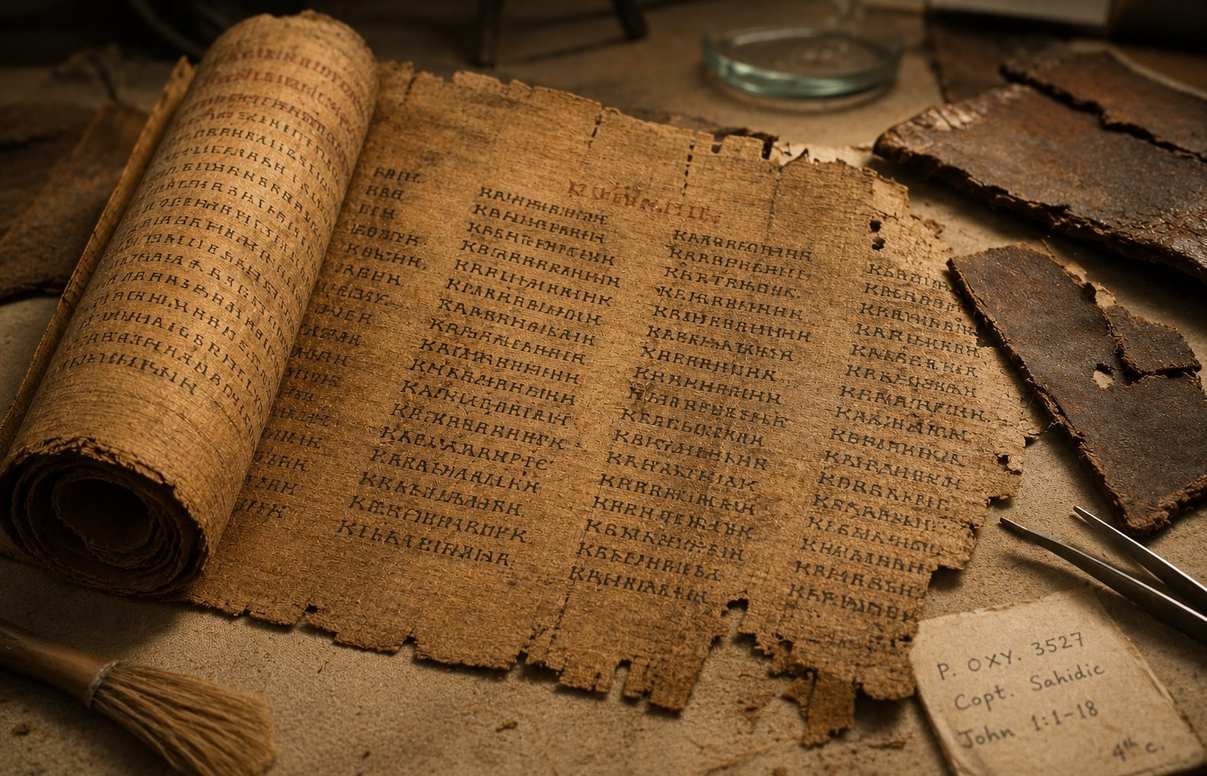 Close-up of ancient Coptic papyrus text on a conservator's table under warm light