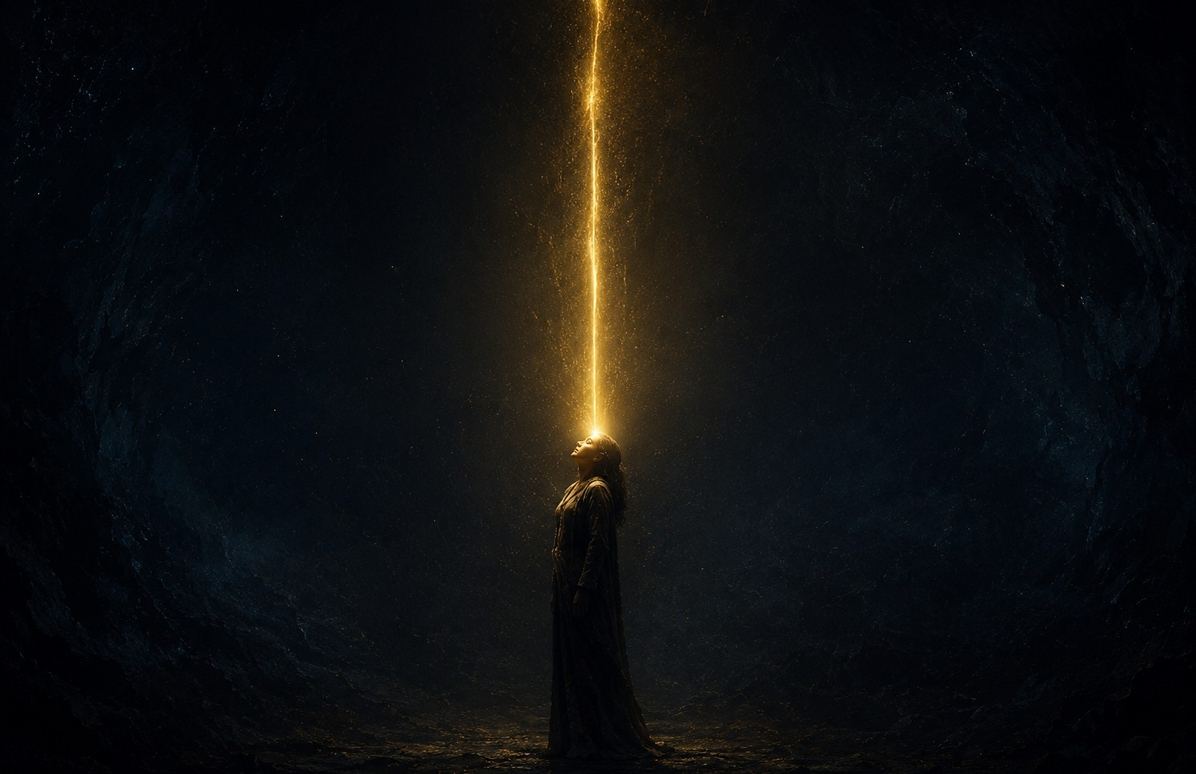 Human figure in vast darkness with golden light descending into their crown