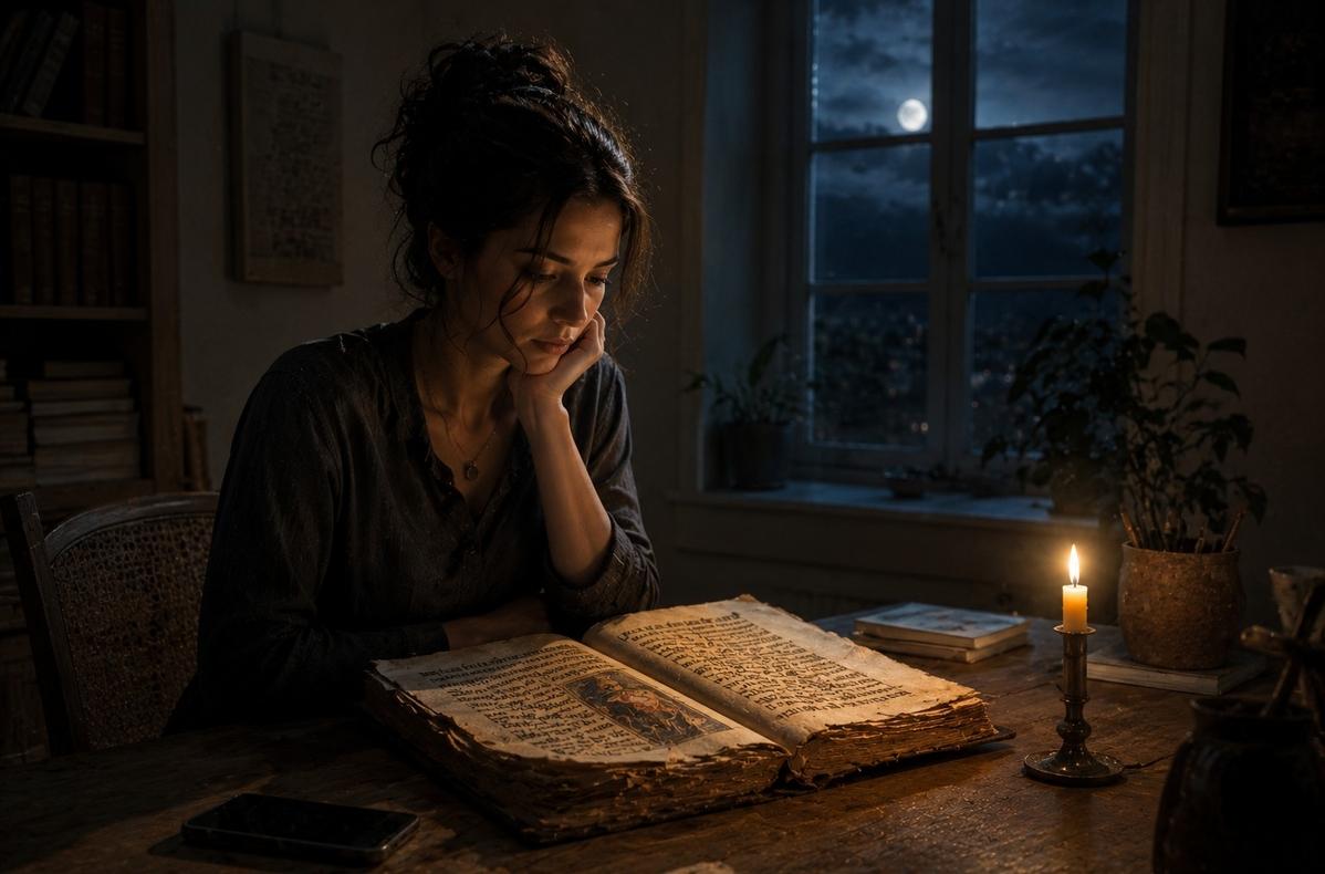 Modern reader at a wooden desk with ancient codex and candle, smartphone face-down