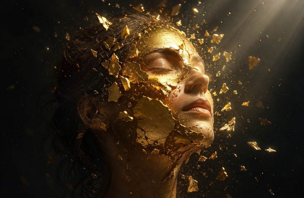 A perfect golden mask shattering into fragments to reveal warm authentic light emanating from the face beneath