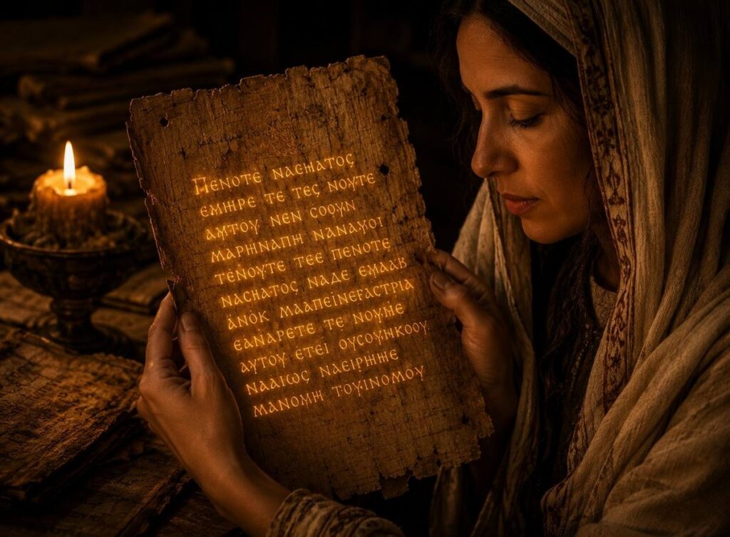 An ancient Coptic manuscript page with luminous golden text emerging from papyrus, a figure reading by candlelight.