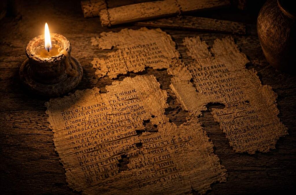 Gospel of Thomas Coptic Manuscript in Candlelight