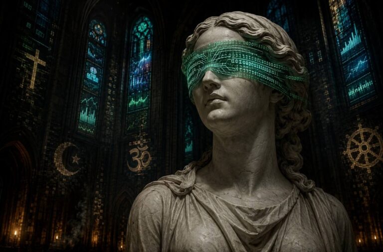 A marble classical bust of a blindfolded oracle or priestess with a blindfold made of glowing green circuit board traces and flowing binary code, with religious symbols dissolving into pixels in a dark cathedral interior.