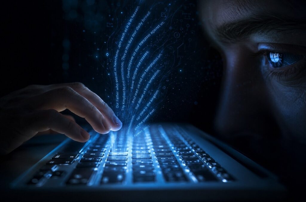 A human hand hovering over a glowing keyboard in darkness with prayer-like text rising from the keys as luminous particles.