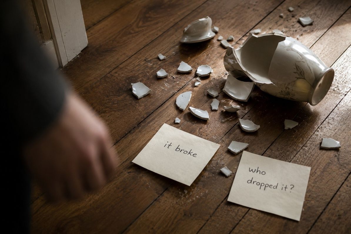 A broken ceramic vase on a wooden floor with two handwritten notes, one saying it broke and another asking who dropped it, symbolising how grammar shapes memory of agency