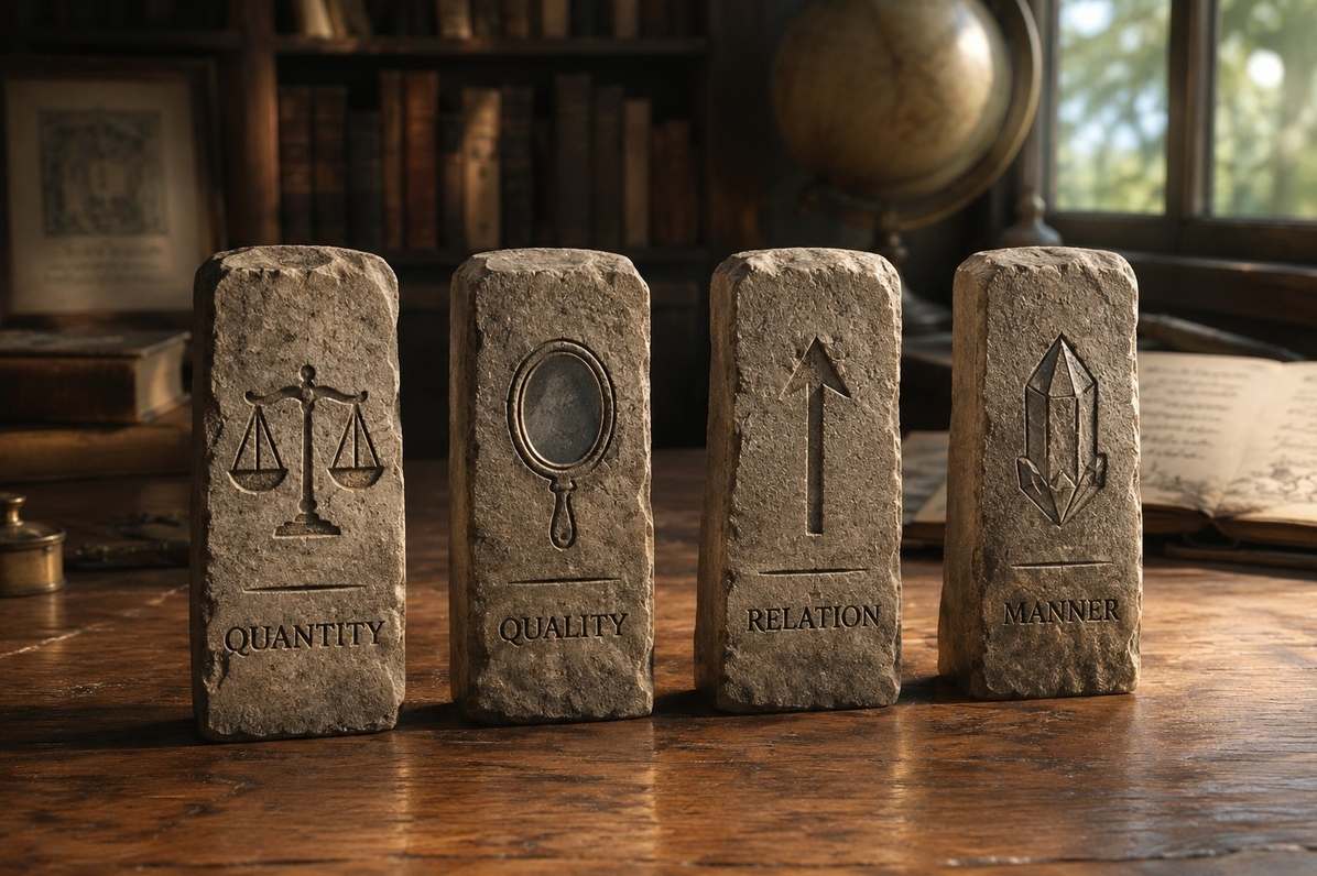 Four simple stone pillars marked by symbolic objects representing quantity, quality, relation and manner in conversation