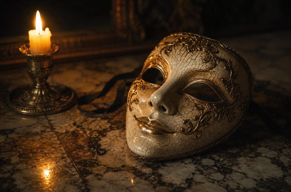 An ornate theatrical mask with a perfect smile on a cracked marble surface, symbolising the counterfeit spirit of false positivity