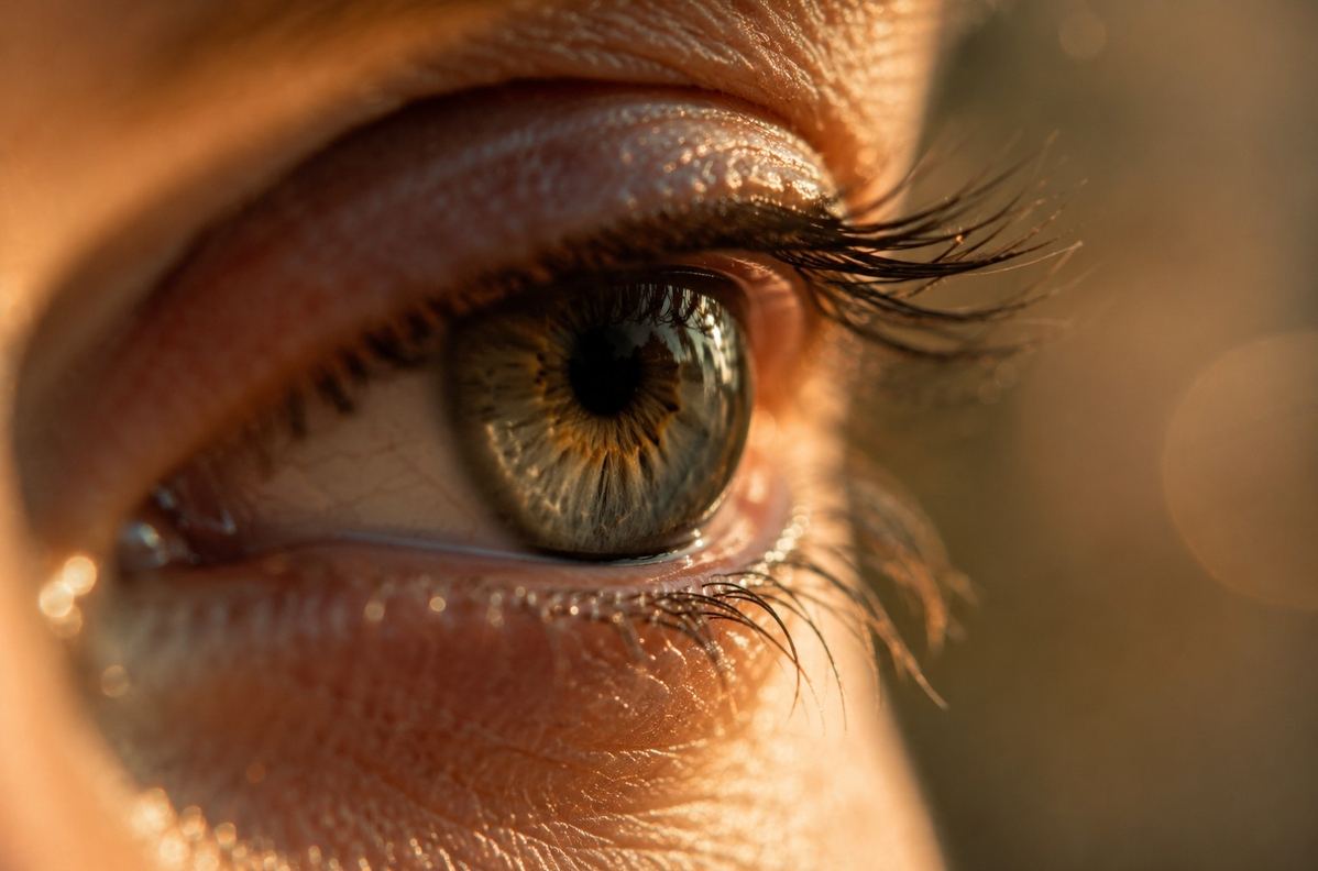 Close-up of a human eye opening in soft morning light, moisture on lashes suggesting the tender vulnerability of awakening