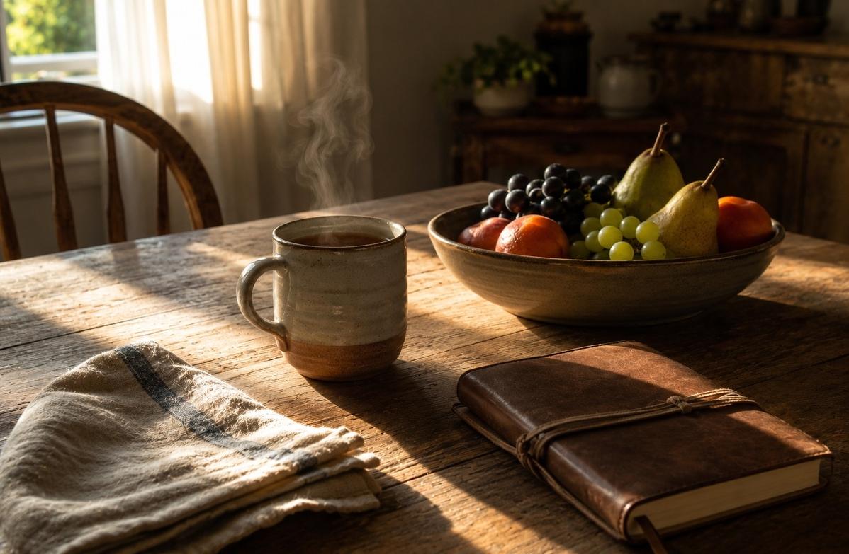 A simple morning kitchen table with tea, fruit and a notebook, suggesting grounding and tenderness after spiritual grief